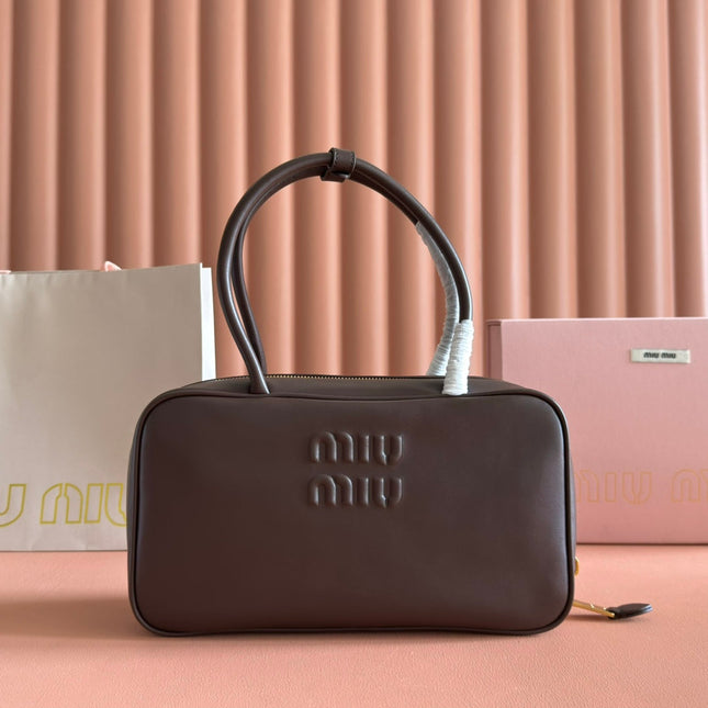 MIUMIU 26S BEAU TOP HANDLE BAG 29 IN DARK BROWN CALFSKIN GOLD HARDWARE