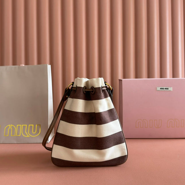 MIUMIU 26S BUCKET BAG 23 IN CREAM AND BROWN CANVAS GOLD HARDWARE