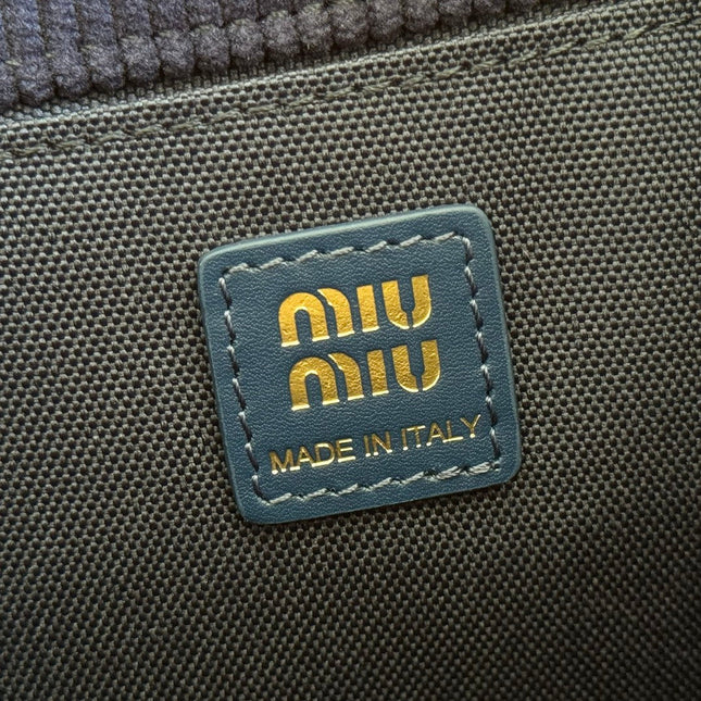 MIUMIU 26S BACKPACK 22 IN DARK BLUE CANVAS BLUE CALFSKIN