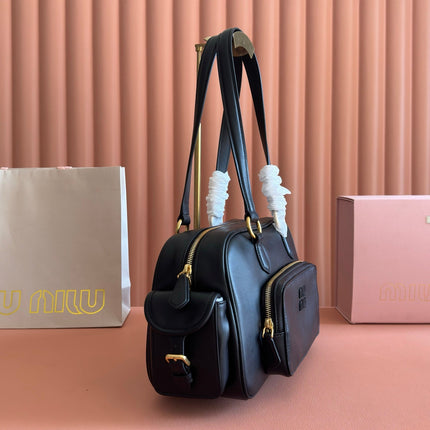MIUMIU 26S POCKET TOP-HANDLE BAG 32 IN BLACK CALFSKIN GOLD HARDWARE