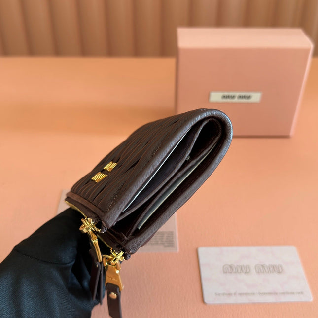 MIUMIU 26S SMALL MATELASSE CARD HOLDER 11 IN DARK BROWN CALFSKIN GOLD HARDWARE