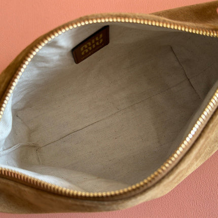 MIUMIU 26S CORDUROY POUCH BAG 25 IN LIGHT BROWN SUEDE