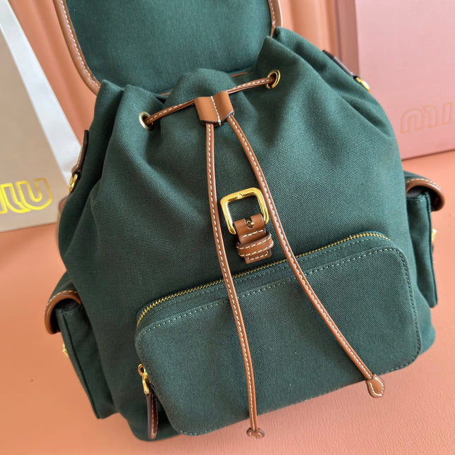 MIUMIU 26S MEDIUM BACKPACK 29 IN DARK GREEN CANVAS AND BROWN CALFSKIN
