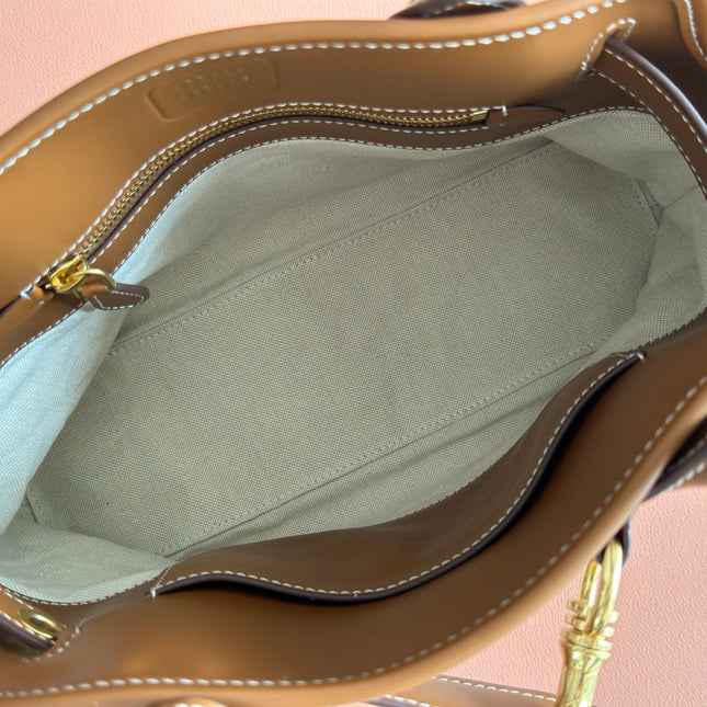 MIUMIU 26S HANDBAG 31 IN BROWN LEATHER AND BEIGE CANVAS