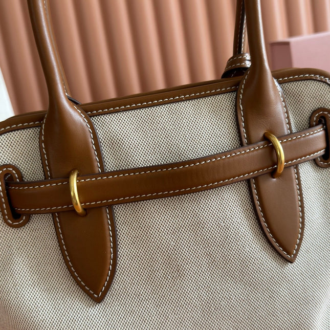 MIUMIU 26S HANDBAG 31 IN BROWN LEATHER AND BEIGE CANVAS