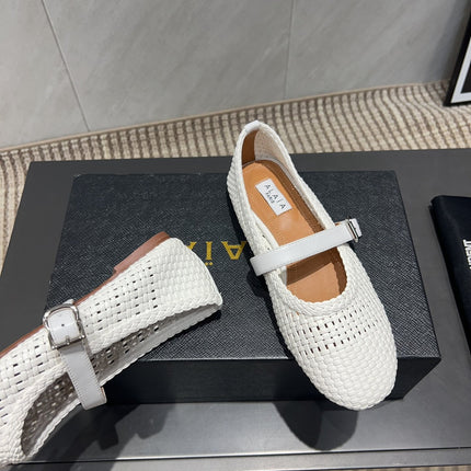 ALAIA MARY JANE FLATS WOVEN PATTERN 25S IN WHITE CALFSKIN
