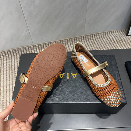 ALAIA MARY JANE FLATS WOVEN PATTERN 25S IN BROWN CALFSKIN