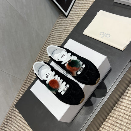 ALO 25S SUNSET SNEAKER IN BLACK SUEDE WITH PUFF CHARM