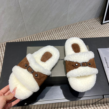 BALENCIAGA 25S SLIPPERS IN BROWN SUEDE AND WHITE WOOL