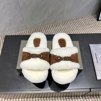 BALENCIAGA 25S SLIPPERS IN BROWN SUEDE AND WHITE WOOL