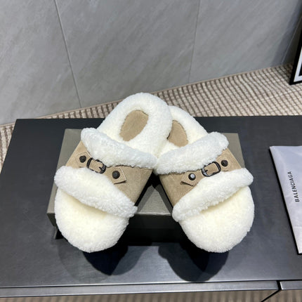 BALENCIAGA 25S SLIPPERS IN DARK BEIGE SUEDE AND WHITE WOOL