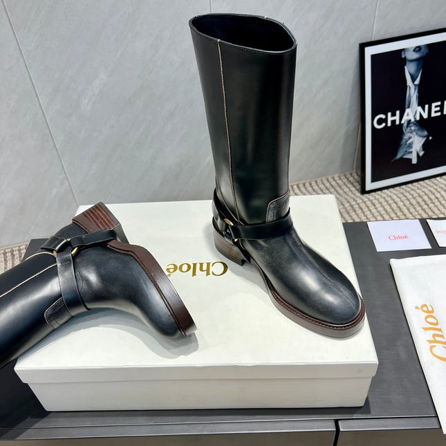 CHLOÉ 26S KNEE-HIGH BOOTS IN BLACK CALFSKIN