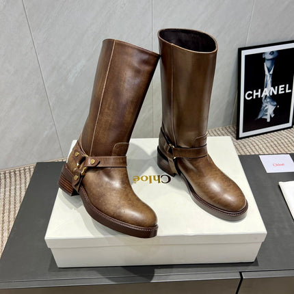 CHLOÉ 26S KNEE-HIGH BOOTS IN EARTH BROWN CALFSKIN