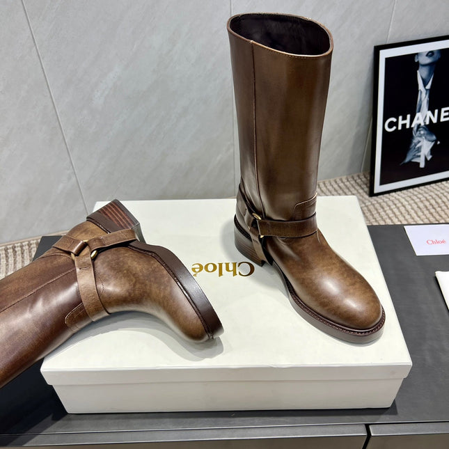 CHLOÉ 26S KNEE-HIGH BOOTS IN EARTH BROWN CALFSKIN