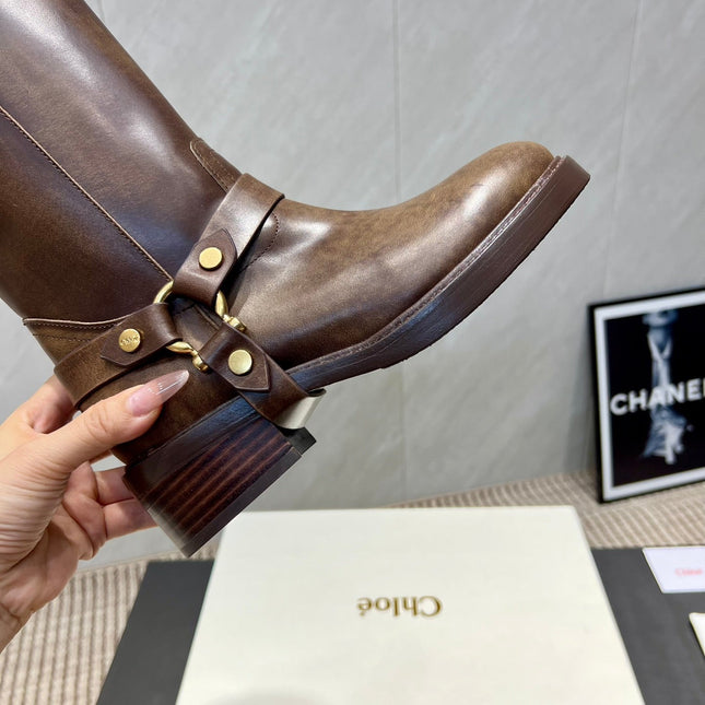 CHLOÉ 26S KNEE-HIGH BOOTS IN EARTH BROWN CALFSKIN