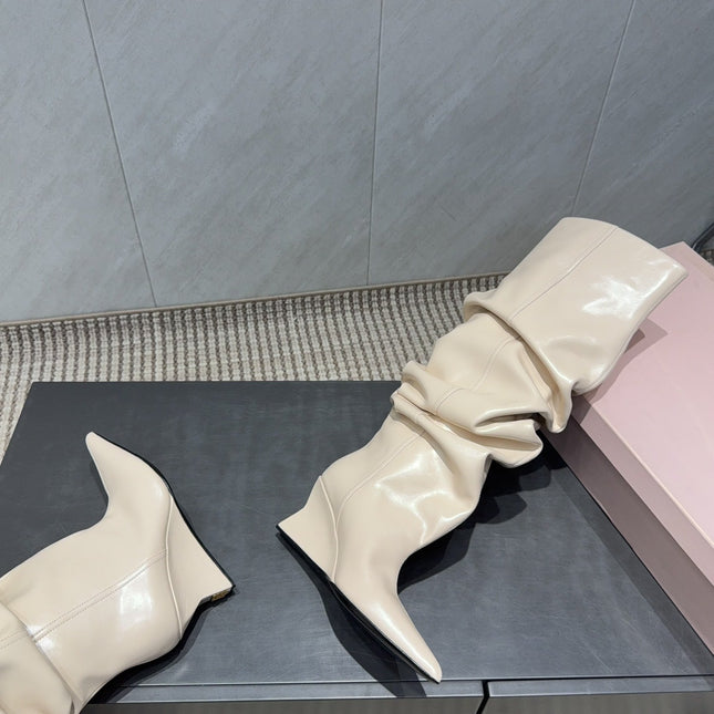 BALMAIN 26S KNEE-HIGH BOOTS 75 MM IN LIGHT BEIGE CALFSKIN