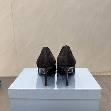 PRADA 26S POINTED TOE HEELS 75MM IN BLACK SUEDE WITH BOW