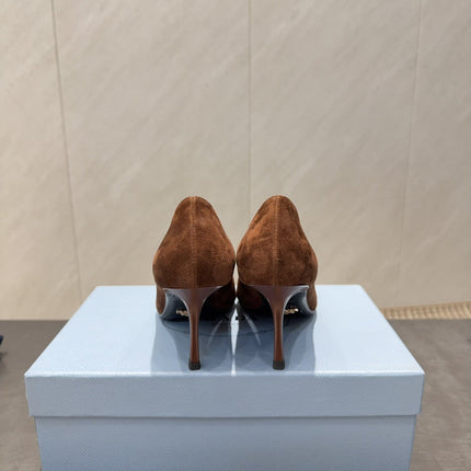PRADA 26S POINTED TOE HEELS 75MM IN DARK BROWN SUEDE WITH BOW