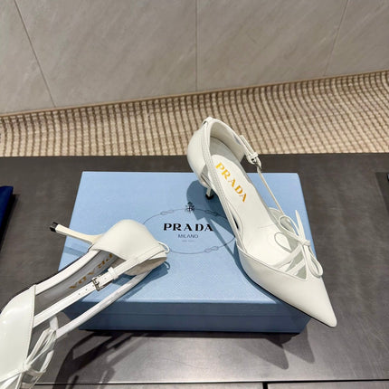 PRADA 26S POINTED TOE CUT OUT HIGH HEELS 75MM IN WHITE CALFSKIN WITH BOW