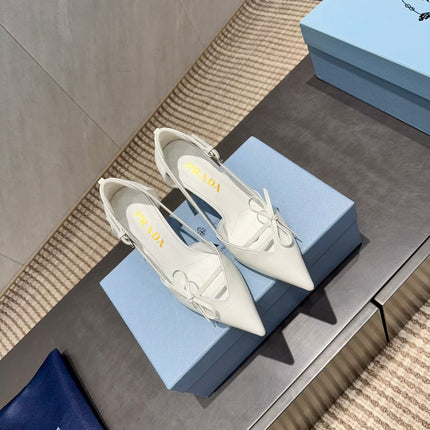 PRADA 26S POINTED TOE CUT OUT HIGH HEELS 75MM IN WHITE CALFSKIN WITH BOW