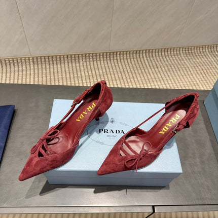 PRADA 26S POINTED TOE CUT OUT HIGH HEELS 75MM IN BURGUNDY RED SUEDE WITH BOW