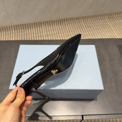 PRADA 26S POINTED TOE SLINGBACK HIGH HEELS 75MM IN BLACK CALFSKIN