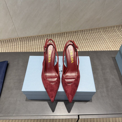 PRADA 26S POINTED TOE SLINGBACK HIGH HEELS 75MM IN DARK RED SUEDE