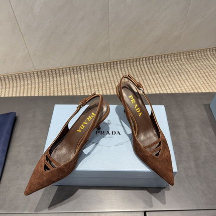 PRADA 26S POINTED TOE SLINGBACK HIGH HEELS 75MM IN DARK BROWN SUEDE