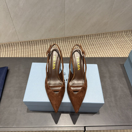 PRADA 26S POINTED TOE SLINGBACK HIGH HEELS 75MM IN DARK BROWN SUEDE