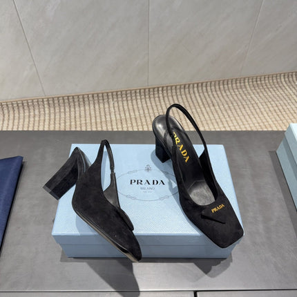 PRADA 26S LOW HEEL SQUARE TOE SLINGBACK SHOES 85MM IN BLACK SUEDE WITH LOGO