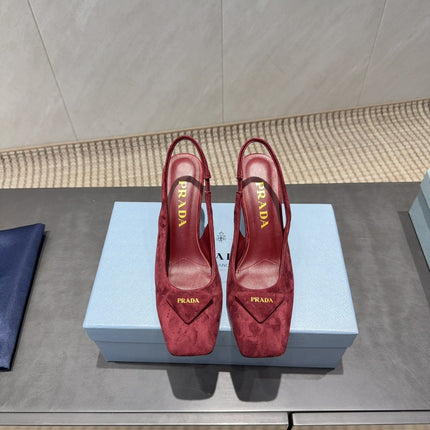 PRADA 26S LOW HEEL SQUARE TOE SLINGBACK SHOES 85MM IN DARK RED SUEDE WITH LOGO