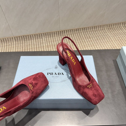 PRADA 26S LOW HEEL SQUARE TOE SLINGBACK SHOES 85MM IN DARK RED SUEDE