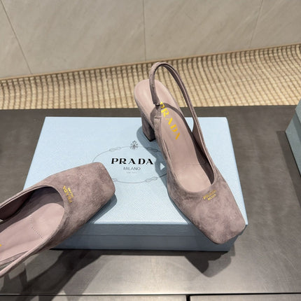 PRADA 26S LOW HEEL SQUARE TOE SLINGBACK SHOES 85MM IN TAUPE BROWN SUEDE