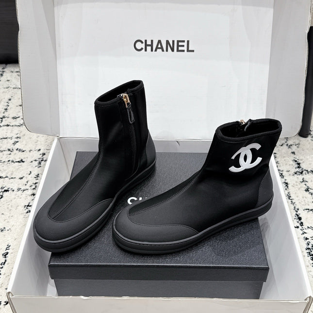 CHANEL 26S ZIPPER BOOTS IN BLACK FABRIC AND LAMBSKIN