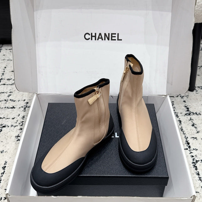 CHANEL 26S ZIPPER BOOTS IN BEIGE MIX BLACK FABRIC AND LAMBSKIN