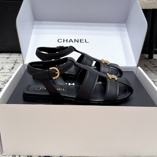 CHANEL 26S SANDALS IN BLACK CALFSKIN WITH GOLD HARDWARE