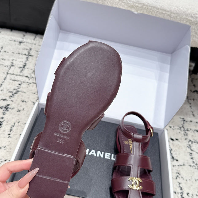 CHANEL 26S SANDALS IN DARK RED CALFSKIN WITH GOLD HARDWARE