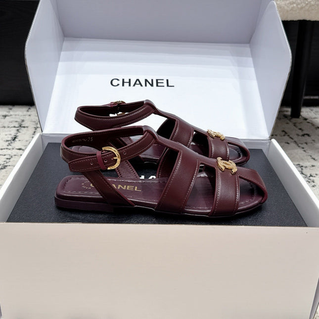 CHANEL 26S SANDALS IN DARK RED CALFSKIN WITH GOLD HARDWARE