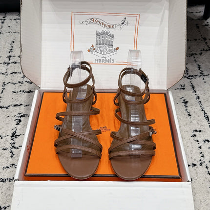 HM 26S STRAPPY SANDALS IN COFFEE BROWN CALFSKIN SILVER HARDWARE