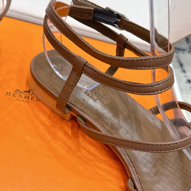 HM 26S STRAPPY SANDALS IN COFFEE BROWN CALFSKIN SILVER HARDWARE