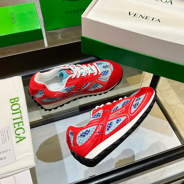 BOTTEGA VENETA 26S ORBIT SNEAKERS IN RED TECHNICAL MESH AND SUEDE