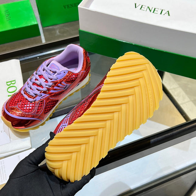 BOTTEGA VENETA 26S ORBIT SNEAKERS IN RED AND PURPLE TECHNICAL MESH