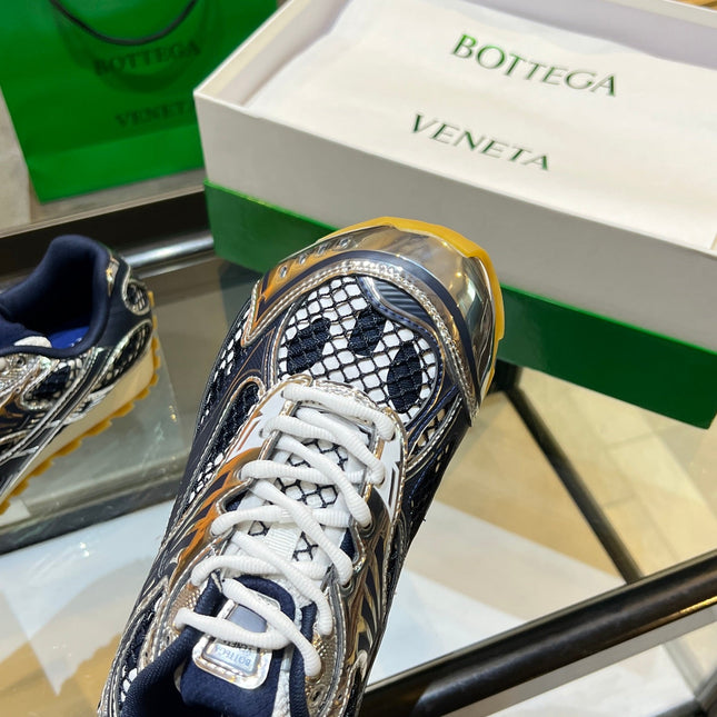 BOTTEGA VENETA 26S ORBIT SNEAKERS IN SILVER AND NAVY BLUE TECHNICAL MESH