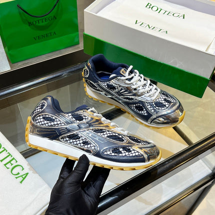 BOTTEGA VENETA 26S ORBIT SNEAKERS IN SILVER AND NAVY BLUE TECHNICAL MESH