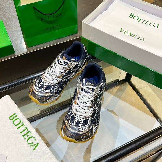 BOTTEGA VENETA 26S ORBIT SNEAKERS IN SILVER AND NAVY BLUE TECHNICAL MESH