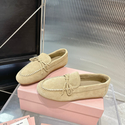 MIUMIU 26S LOAFERS IN LIGHT BROWN SUEDE WITH BOW