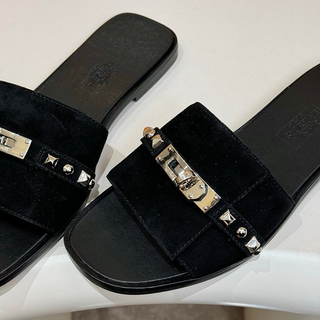 HM 26S GIULIA SANDAL IN BLACK SUEDE AND CALFSKIN SILVER HARDWARE