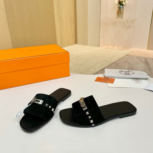 HM 26S GIULIA SANDAL IN BLACK SUEDE AND CALFSKIN SILVER HARDWARE