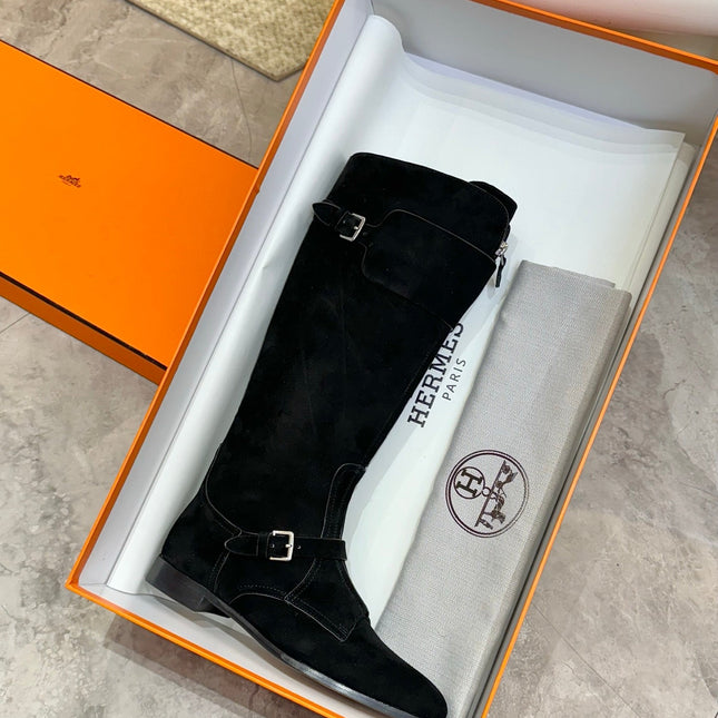 HM 25S RIDING BOOTS IN BLACK SUEDE WITH SILVER HARDWARE