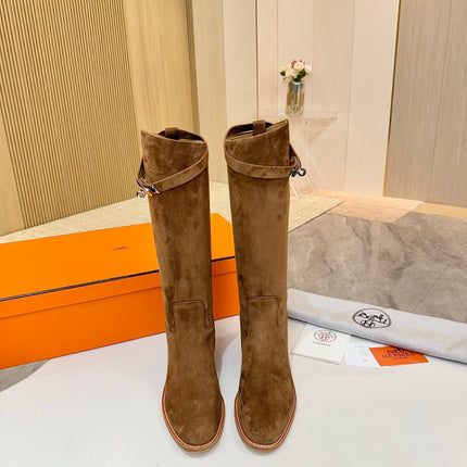 HM 25S JUMPING KNEE-HIGH BOOTS IN BROWN SUEDE WITH SILVER HARDWARE